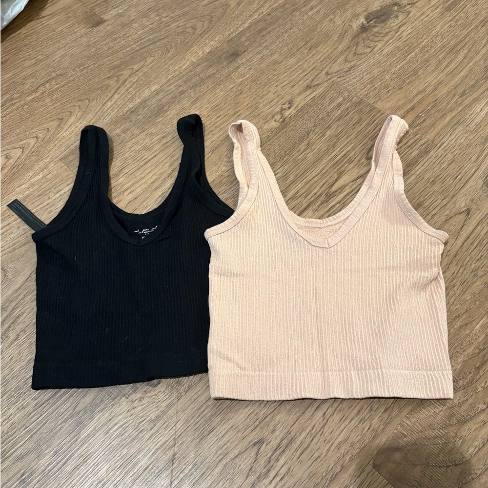 Urban Outfitters Black and Cream Ribbed Crop Tank Top